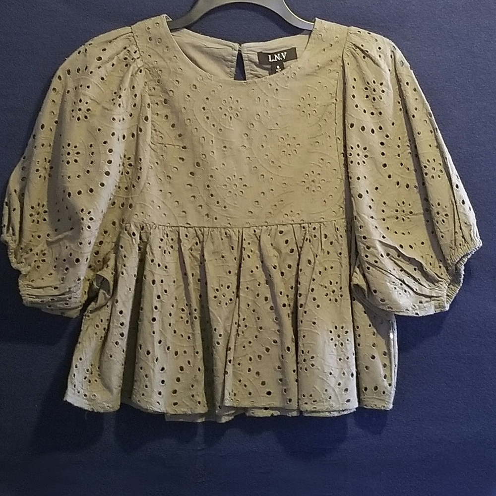 L.N.V. Women's Eyelet Top Stylish Puff Sleeves With Elastic Hems Scoop Neckline